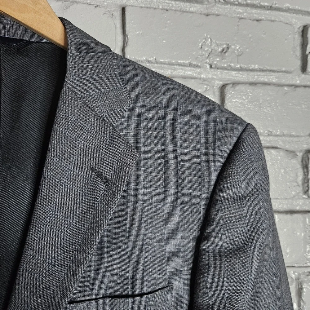 Vintage Burberry London Mens Wool‎ Suit Grey Plaid Windowpane 41R 34X30